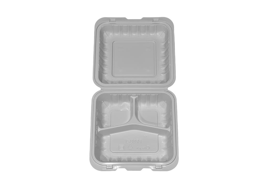 PP-083 | PP Microwavable Rectangular Container, 3-Compartment, 8 x 8 x 3", 150/case