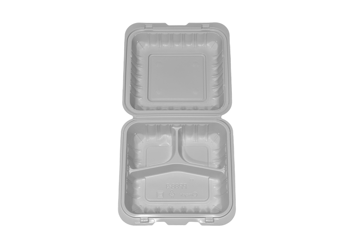 PP-083 | PP Microwavable Rectangular Container, 3-Compartment, 8 x 8 x 3", 150/case