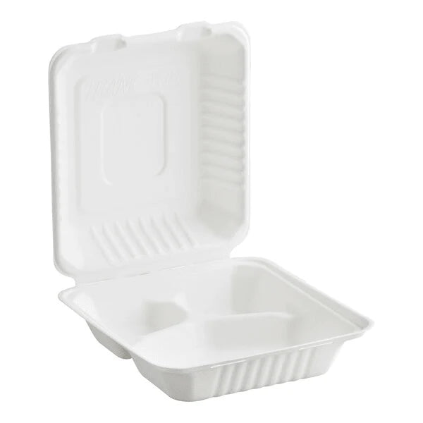 EF-1883 | Bagasse Rectangular Container, 3-Compartment, 8 x 8 x 3'', 200/case