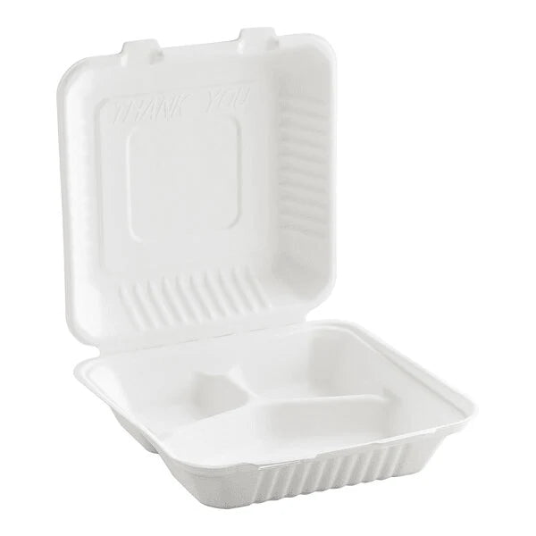 EF-1993 | Bagasse Rectangular Container, 3-Compartment, 8 x 8 x 3'', 200/case